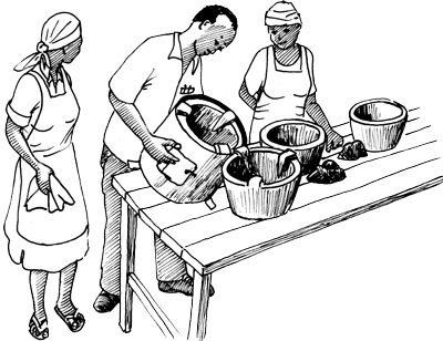 Ilustração de um homem e duas mulheres trabalhando juntos e despejando líquido de um balde grande em baldes menores