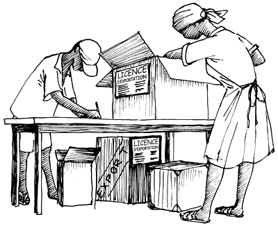 Ilustración de un hombre y una mujer trabajando juntos mientras llenan una caja grande sobre una mesa