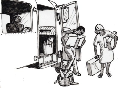 Illustration of a man and a woman climbing off a bus while holding lots of boxes