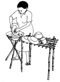 Ilustração de uma mulher lavando pratos e xícaras em uma mesa improvisada