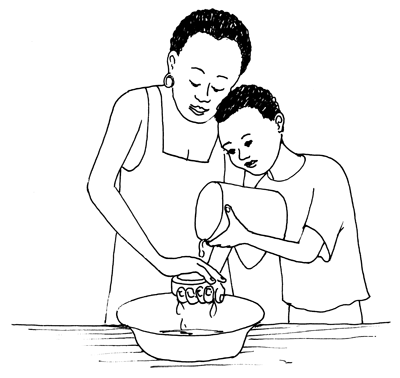 Ilustração de uma mãe e um filho ajudando-se a lavar as mãos