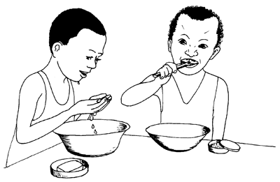 Illustration de deux enfants en train de se laver les mains et le visage et de se brosser les dents.