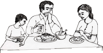 Ilustração de uma mãe, um pai e um filho comendo juntos a uma mesa