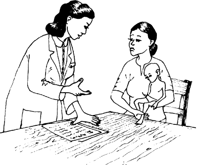 Ilustración de una médica hablando con una madre que tiene a su bebé en brazos