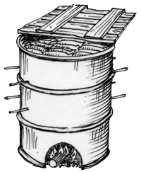drum cut into 3 sections with handles to lift each section