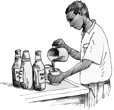 Illustration of a man pouring liquid from a jug into a small container