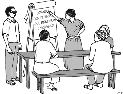 Ilustração de um pequeno grupo de pessoas observando um facilitador escrever em um cavalete (flipchart)