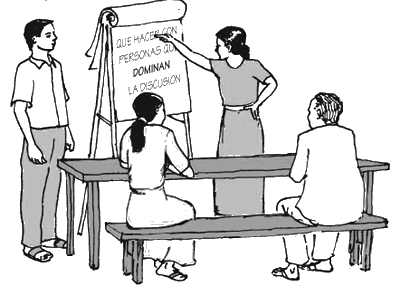 Ilustración de un pequeño grupo de personas poniendo atención a una facilitadora mientras escribe en un rotafolio