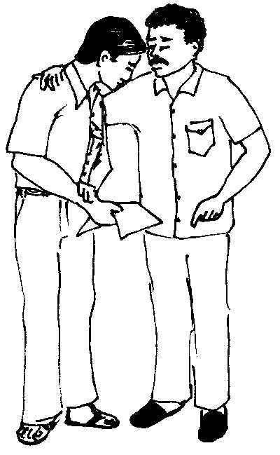 Illustration of two men, one holding a piece of paper, conferring together