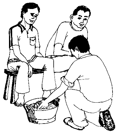 Illustration d’un homme en train de laver les pieds de deux hommes assis.