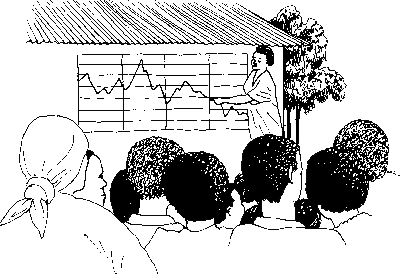 Ilustración de un grupo de personas de una comunidad poniendo atención a una facilitadora mientras dibuja un gráfico