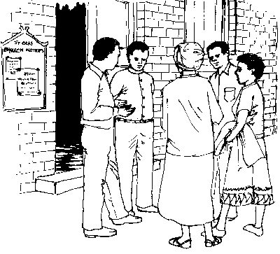 Ilustración de un pequeño grupo de hombres y mujeres conversando de pie frente a una construcción
