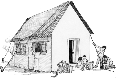 Illustration of a family preparing their house for a storm