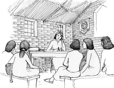 Illustration of a group of young women listening to a teacher in a classroom setting
