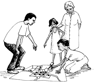 Illustration of a family looking at a map on the floor