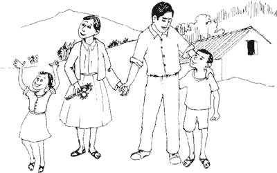 Ilustración de una madre, un padre, una niña y un niño paseando al aire libre