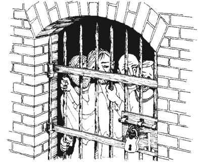 Illustration de prisonniers derrière des barreaux métalliques.
