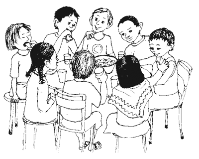 Ilustração de um grupo de crianças sentadas juntas em círculo
