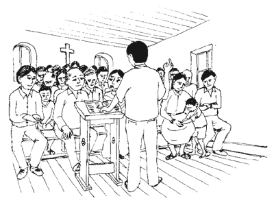 Illustration d’un pasteur en train de prêcher à une pleine assemblée de fidèles.