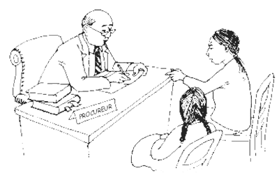 Ilustración de un fiscal reunido con dos personas sentadas frente a él