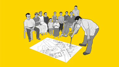 Illustration d’un groupe de membres de l’église et de la communauté assis sur des chaises, un homme montre une carte sur le sol alors qu’ils travaillent ensemble pour trouver des solutions locales.