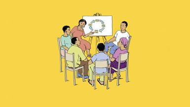 Illustration de membres de l’église et de la communauté assis en cercle à côté d’un tableau blanc sur lequel figure un graphique circulaire, en train de travailler ensemble pour trouver des solutions locales.