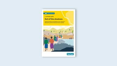 Cover for 'Out of the shadows' facilitator guide by Tearfund, showing illustrated people walking in a landscape.